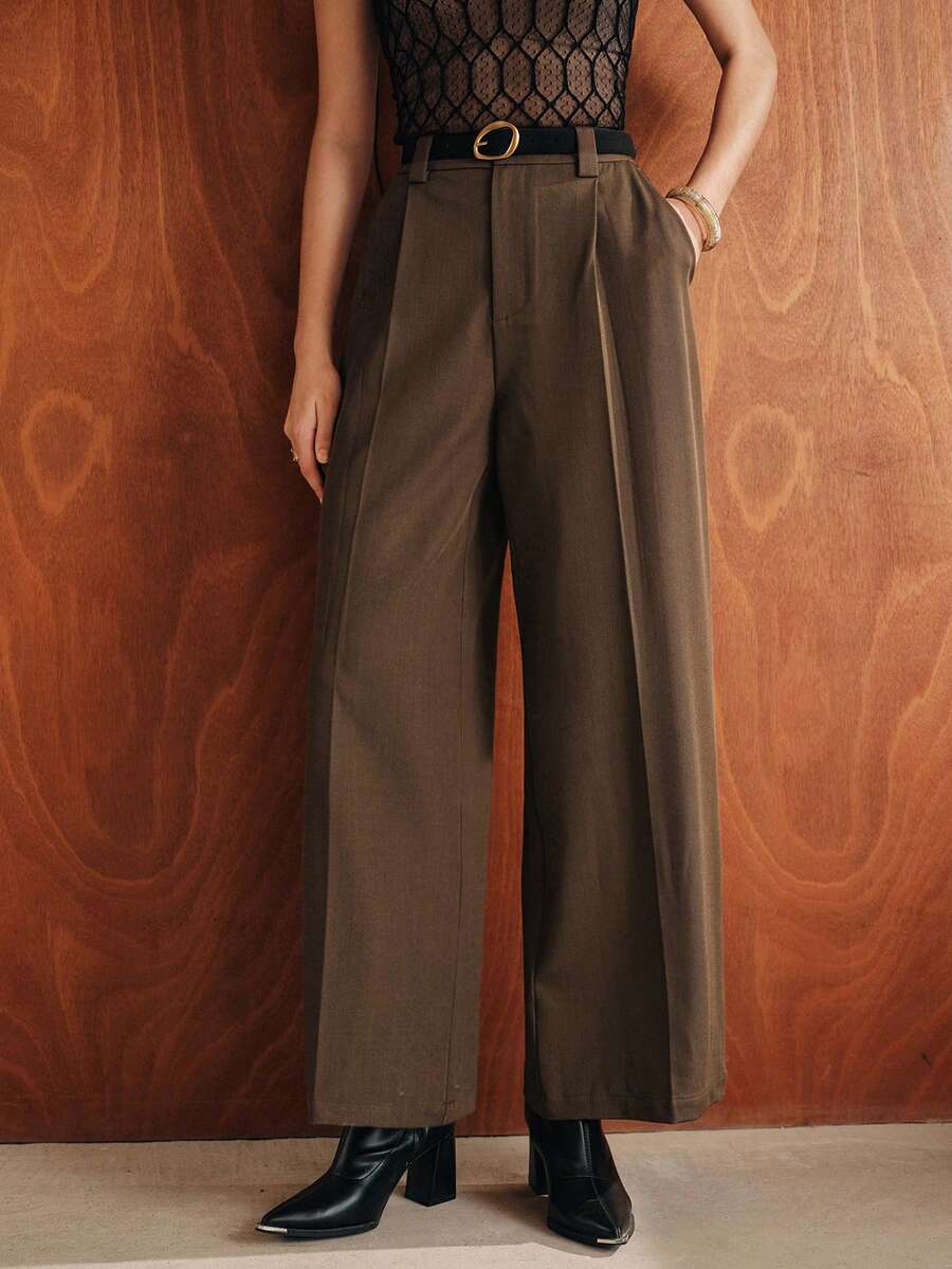 Anewsta Spring/Autumn Elegant Commute Work Outfits Center Pleated High Waist Straight Leg Long Pants Suit Pants, Suitable For Commute, Daily Wear And Date Outfits - Army Green - View 1