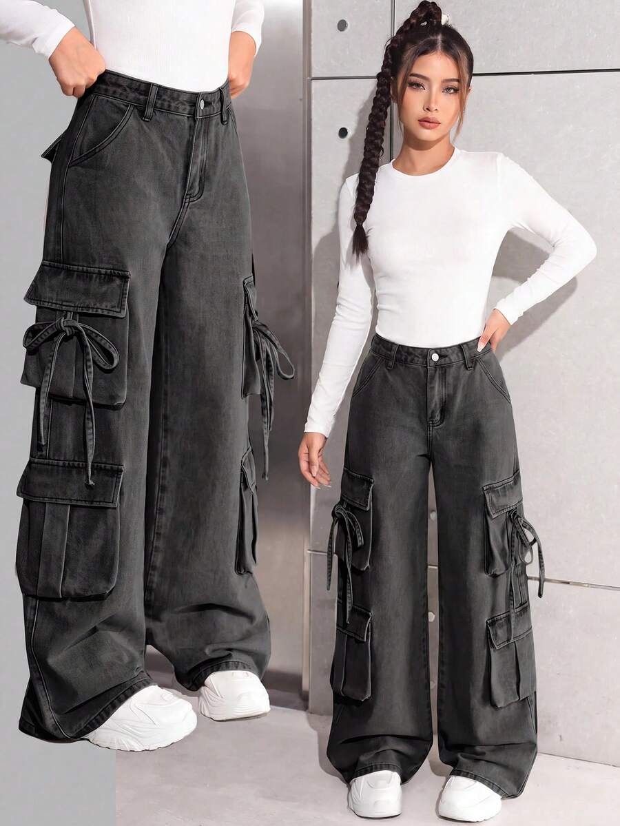 SHEIN Teen Girls Grey Denim Long Cargo Jeans With Zipper And Drawstring Detail - Grey - View 1