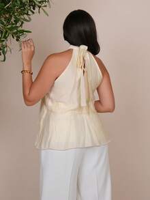 The Leen Edit Women's Cream White Summer Elegant Romantic Tea Party Night French-Style High-Neck Ruffled Sleeveless Chiffon Blouse, Retro V-Neck Highlights Top - Apricot - View 3