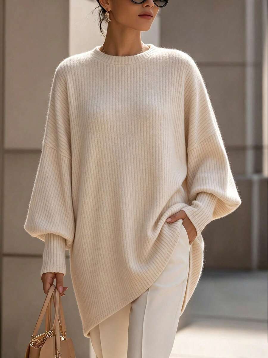 SHEIN Holidaya Desain Prancis, Sweater Imitasi Rajut Bergaris Asimetris, Lapisan Dalam Serbaguna, Pakaian Luar Elegan, Modis, Kasual, Kaos Wanita - Aprikot - View 1
