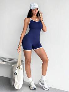 SHEIN Sports Jumpsuit Olahraga Tanpa Jahitan Tanpa Punggung Warna Biru Tua dan Putih Seksi untuk Musim Panas Atletik - Navy Blue - View 3