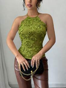 Elenzga 女款橄欖綠花卉掛脖綁帶背心上衣，夏季優雅性感派對約會之夜外穿，修身波西米亞度假風，休閒日常 - 綠色 - 查看 4