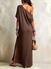 Glimmora Women's Solid Color Asymmetrical Neck Slit Design Casual Party Dress - Multicolor - View 2