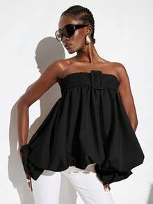 Aveloria GENKIRA Spring/Summer Solid Apricot Khaki Strapless Top With Belt Buckle Decor, Waist-Defining Balloon Hem, Elegant Chic Modern Runway Style, Versatile For Commute, Casual, Beach Vacation, Y2K Sexy - Black - View 1
