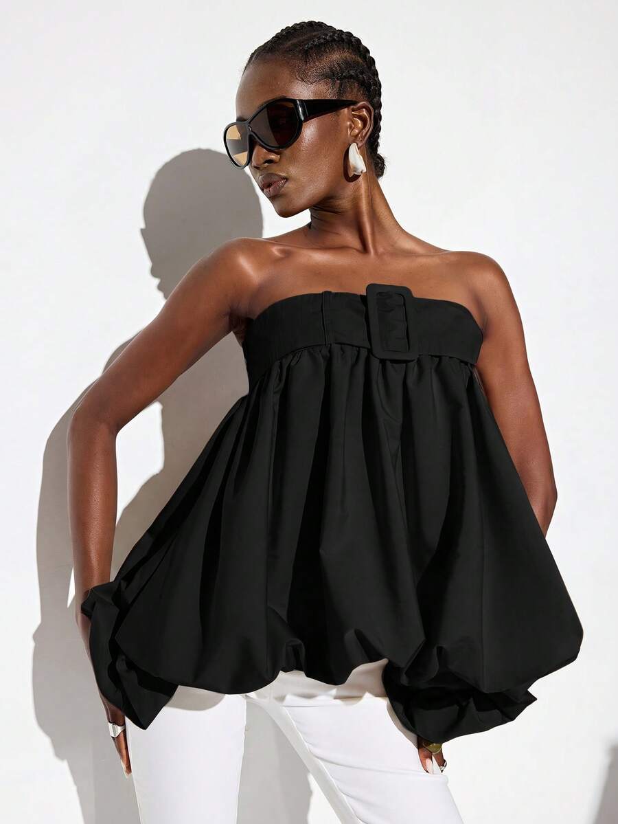 Aveloria GENKIRA Spring/Summer Solid Apricot Khaki Strapless Top With Belt Buckle Decor, Waist-Defining Balloon Hem, Elegant Chic Modern Runway Style, Versatile For Commute, Casual, Beach Vacation, Y2K Sexy - Black - View 1