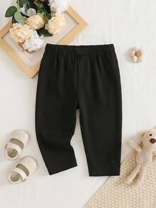 SHEIN Playful Pals 中性嬰兒褲 多用途適用所有場合 四季可穿 前中裝飾鈕扣設計 秋季正式款 - 黑色 - 查看 2