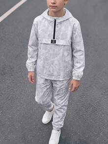 SHEIN 2件組 青少年男孩休閒街頭風乾葉圖案半拉鍊連帽外套與慢跑褲套裝，適合秋冬休閒運動風 - 灰色 - 查看 4