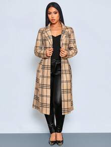 SOLERSUN Sexy Elegant Casual Women's Autumn/Winter Wool Plaid Coat (Random Pattern) - Khaki - View 6