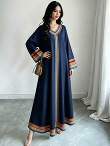 SHEIN Najma 復古條紋蕾絲印花深藍色洋裝，女款時尚V領長袖洋裝，優雅阿拉伯風格服飾，春夏季優雅長版最大洋裝 - 彩色 - 查看 5