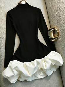 SHEIN Franclia French Fashion High Neck Long Sleeve Slim Fit Black Short Dress, Suitable For Date Night Out Party And Office Wear In Autumn/Winter Elegant Chic Dress - Black - View 4