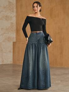 Anewsta Women's New Fashion Design Patchwork Vintage Nostalgic Washed Blue Jeans Wide Leg Pants - Blue - View 2