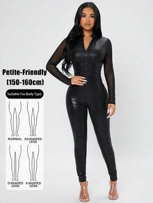 SHEIN PETITE Petite Zip Up Mesh Panel Unitard Bodycon Black Jumpsuit ,Petite Women - Black - View 1
