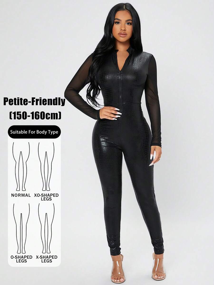 SHEIN PETITE Petite Zip Up Mesh Panel Unitard Bodycon Black Jumpsuit ,Petite Women - Black - View 1