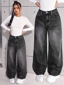 SHEIN Teen Girl Y2K Casual Basic Loose Denim Jeans, Cool Thanksgiving, Fall And Winter - Black - View 3
