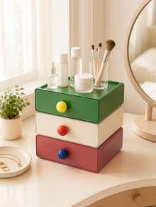 Zazumi 1pc Stackable Drawer Storage Box With Colorful Round Knobs Desktop Organizer Minimalist Vanity Decor Cute Housewarming Gift - default - View 7