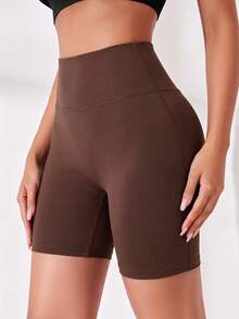 Easithlete Easithlete Women's Solid Color Pocket Design Ruched Hip Athletic Shorts - Coffee Brown - View 2