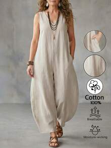 EMERY ROSE Plus Size Women's Solid Color Casual Daily Wear Jumpsuit - Apricot - View 1