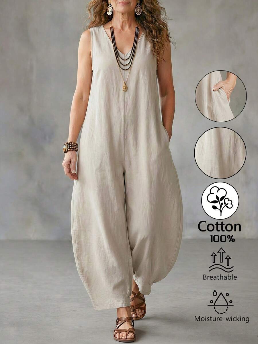 EMERY ROSE Plus Size Women's Solid Color Casual Daily Wear Jumpsuit - Apricot - View 1
