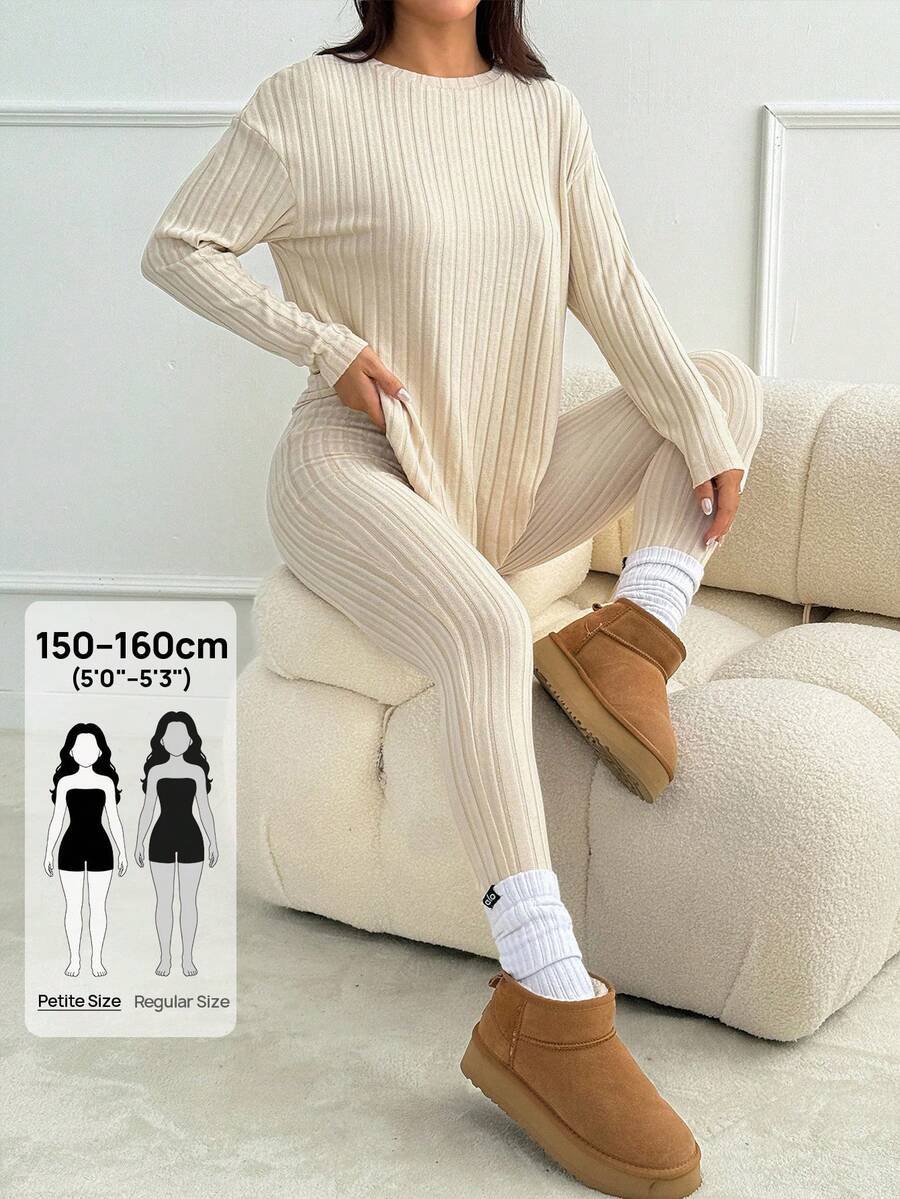 SHEIN PETITE Set Dua Potong Warna Beige Muda Ukuran Kecil, Kaos Rajut Bergaris Bahu Longgar & Legging, Pakaian Santai Musim Gugur dan Thanksgiving untuk Wanita, Pakaian Musim Gugur yang Nyaman. - Krem - View 1