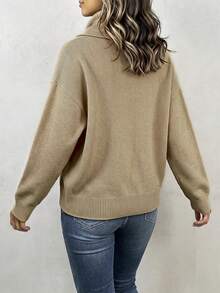 SHEIN Women's Solid Color Drop Shoulder Long Sleeve Loose Casual Sweater - Camel - View 2