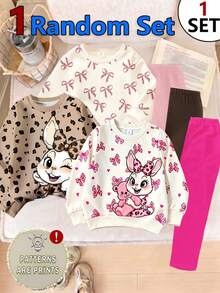 SHEIN Playful Pals Girls' Cute Sweet Bow Rabbit Print Long Sleeve Sweatshirt And Fuchsia Knit Leggings 2 Pieces Set, Suitable For Outings, Daily Wear - Multicolor - View 1