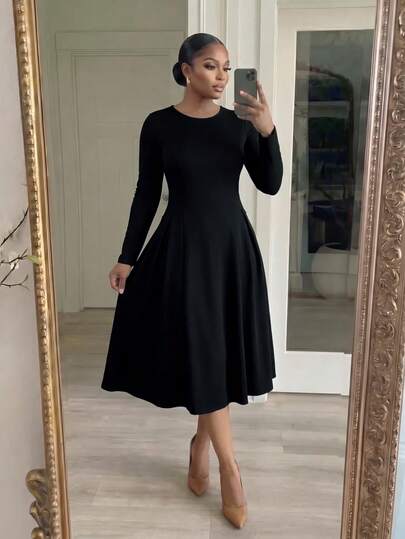 SHEIN Lady CURVE Büyük Beden Kadın Düz Renk Yuvarlak Yaka Uzun Kollu Şık Elbise, Kadınlar İçin İş Kıyafeti, Yazlık Kombin, Cadılar Bayramı