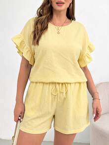 SHEIN Essnce Plus-Size Women's Yellow Two Pieces Set,Summer Modest Casual Whimsical Smart Casual Everyday Airport Bussines Vacation Ruffled Top And Shorts,Loose - Pale Yellow - View 6