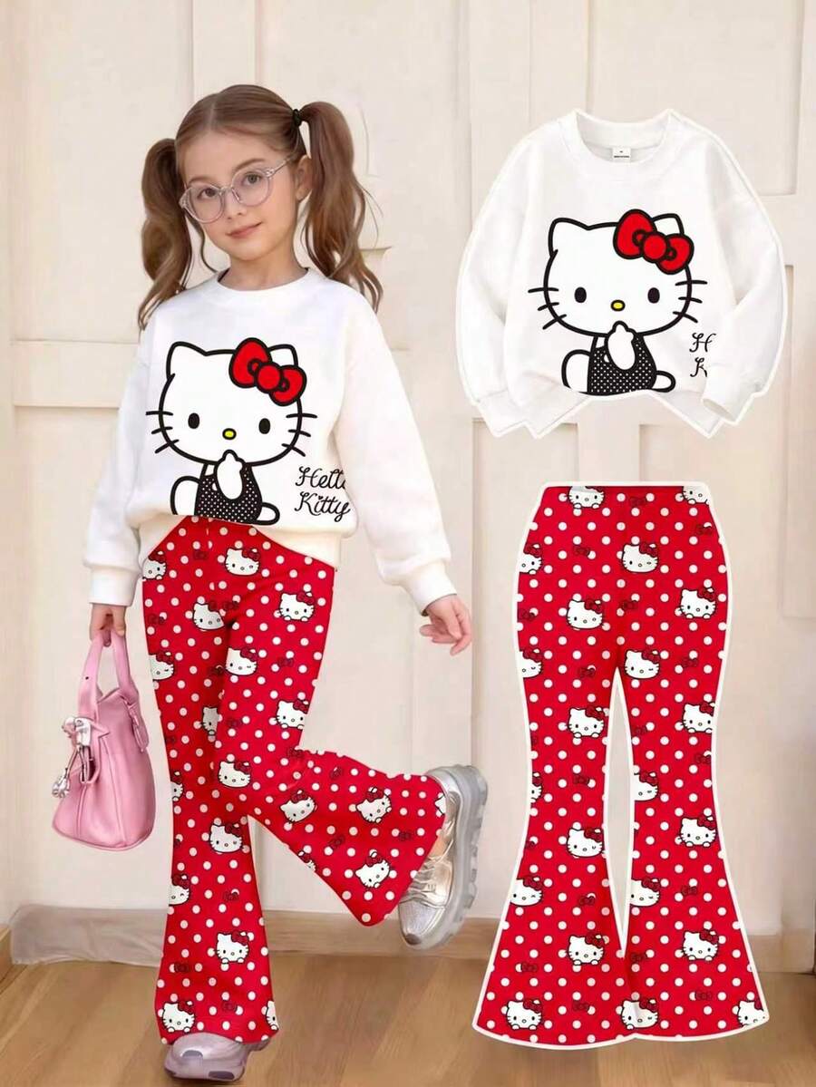 HELLO KITTY AND FRIENDS | SHEIN 女童印花圓領運動衫紅色波點喇叭褲套裝 春秋款 - 紅色 - 查看 1