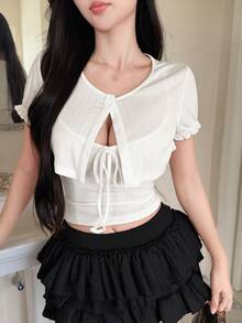 Tideelle White Short Cardigan + Camisole Top Women's Summer Design 2 Pieces Set - White - View 3