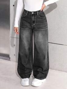 SHEIN Teen Girl Y2K Casual Basic Loose Denim Jeans, Cool Thanksgiving, Fall And Winter - Black - View 6