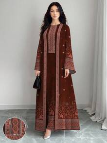 SHEIN Najma Women's Retro Floral & Plant Retro Print Red-Brown Long Sleeve Casual Arabic Style Outfit Set, Spring/Autumn - Multicolor - View 1
