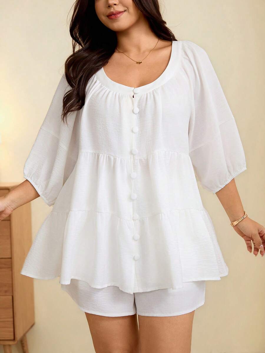 Edennvi Plus Size Allover White Textured V-Neck Large Button Layered Ruffle Doll Blouse 3/4 Petal Sleeve Loose Fit 2 Pieces Set For Women Summer Casual - White - View 1