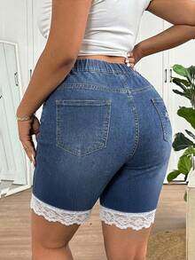 SHEIN Frenchy Mother's Day Plus Size Blue Denim Effect Contrast Lace Casual Leggings, Suitable For Summer - Blue - View 3