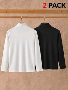 SHEIN 2件組兒童買1送1大童男孩休閒紋理布料高領上衣，黑白配色，適合學校、外出、派對，秋冬穿著 - 彩色 - 查看 5