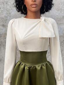 Eryvara Autumn New Patchwork Puff Sleeve Tie Neck Cinched Waist A-Line Dress, Suitable For Party, Date - Green - View 4