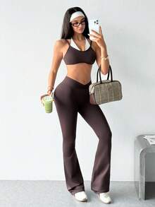 Dewbera Dewbera Women's 2 Pieces Bra And Solid Color Leggings Casual Sporty Athleisure Daily Sports Set Gym Dark Brown Autumn - Coffee Brown - View 3