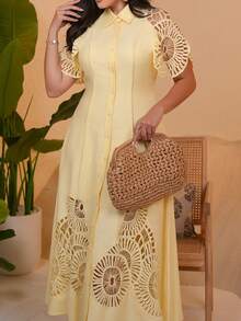 The Leen Edit Women's Single-Breasted Hollow-Out Patchwork Long Shirt Dress Elegant Summer - Yellow - View 5