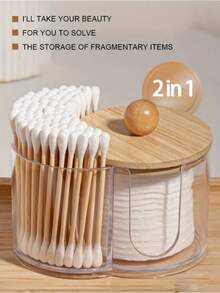 1PC Standard Size Bamboo Lid 2 In 1 Round Dual Hole Cotton Pad Holder And Floss Pick Container Organizer With Clear Body For Bathroom Vanity Countertop Cosmetic Sponge Storage Dispenser Dustproof Stackable Space Saving Home Essential - A - View 7
