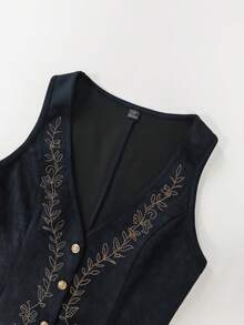 SHEIN Fiorisel 女款春夏新款復古V領刺繡背心，適合日常通勤，可與襯衫疊穿，無袖 - 藏蓝色 - 查看 6