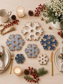 6 Piece Set Winter Wooden Snowflake Decor Rustic Farmhouse Christmas Table Sign Wonderland Wood Block Ornament For Mantel Shelf Fireplace Holiday Party Home Kitchen Celebration Gift For Housewarming Anniversary - multicolor - View 2