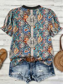 EMERY ROSE Spring Summer Casual Commute Gym Vacation Elegant Music Festival Western Cowboy Patchwork Print Linen-Like Plus Size Shirt Brown - Blue - View 2
