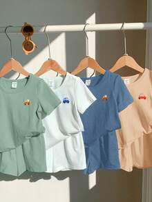 SHEIN 8pcs/Set Baby Boy/Girl Summer Cute Cartoon Print Short Sleeve Top And Elastic Waist Shorts - Multicolor - View 4