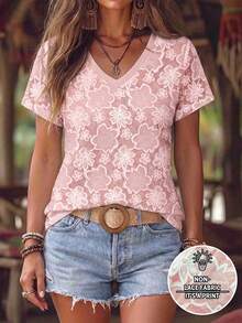 EMERY ROSE Women's V-Neck T-Shirt, All-Over Floral Print Pattern, Pattern Design, Casual Vacation, Fitted Silhouette, Comfortable Fabric, Outdoor Travel, Pink Short Sleeve T-Shirt, Daily Wear - Multicolor - View 3