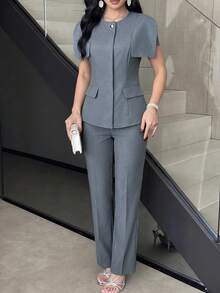 Feyla Women's Grey Blue Short Sleeve Peplum Blazer Jacket Office Siren Old Money Workwear Business Summer Fall Minimalist Casual Elegant Chic Holiday - Grey - View 4