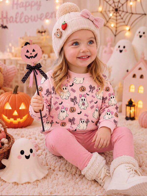 Halloween Carnival, Creamy Pink, Cute Sweet Girl Halloween Ghost, Candy, Bow, Pumpkin Pattern, Trick Or Treat Sweetheart! Baby Girl Casual Minimalist Crew Neck Sweatshirt & Leggings 2-Piece Set Suitable For Autumn/Winter Daily, Halloween, Spooky & Sweet