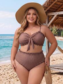 SHEIN CURVE+ 大尺碼女款夏季海灘波點細肩帶比基尼上衣與三角褲兩件式泳衣套裝 - 棕色 - 查看 7