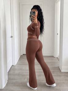 BamGleam Cropped Top & Flare Pants Sports Set - Brown - View 2