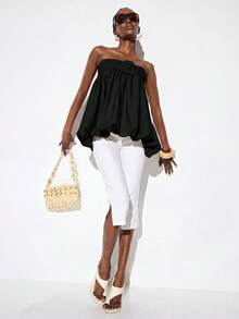 Aveloria GENKIRA Spring/Summer Solid Apricot Khaki Strapless Top With Belt Buckle Decor, Waist-Defining Balloon Hem, Elegant Chic Modern Runway Style, Versatile For Commute, Casual, Beach Vacation, Y2K Sexy - Black - View 5