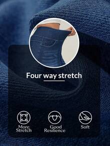 Flexra 女款大尺碼夏季休閒優雅寬腿高腰藍色彈性牛仔褲，修身顯瘦，適合日常穿著與外出 - 深色水洗藍 - 查看 9
