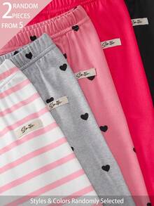 SHEIN 2件隨機發貨 秋冬女款簡約時尚甜美愛心條紋印花加厚保暖內裡長款打底褲 - 彩色 - 查看 8